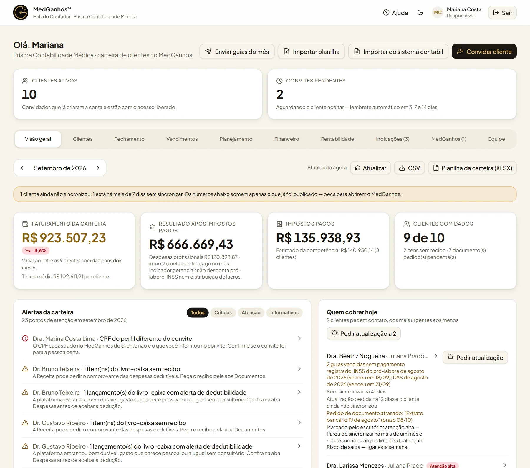 Hub do Contador, visão geral da carteira com faturamento, alertas por cliente e conferência do mês