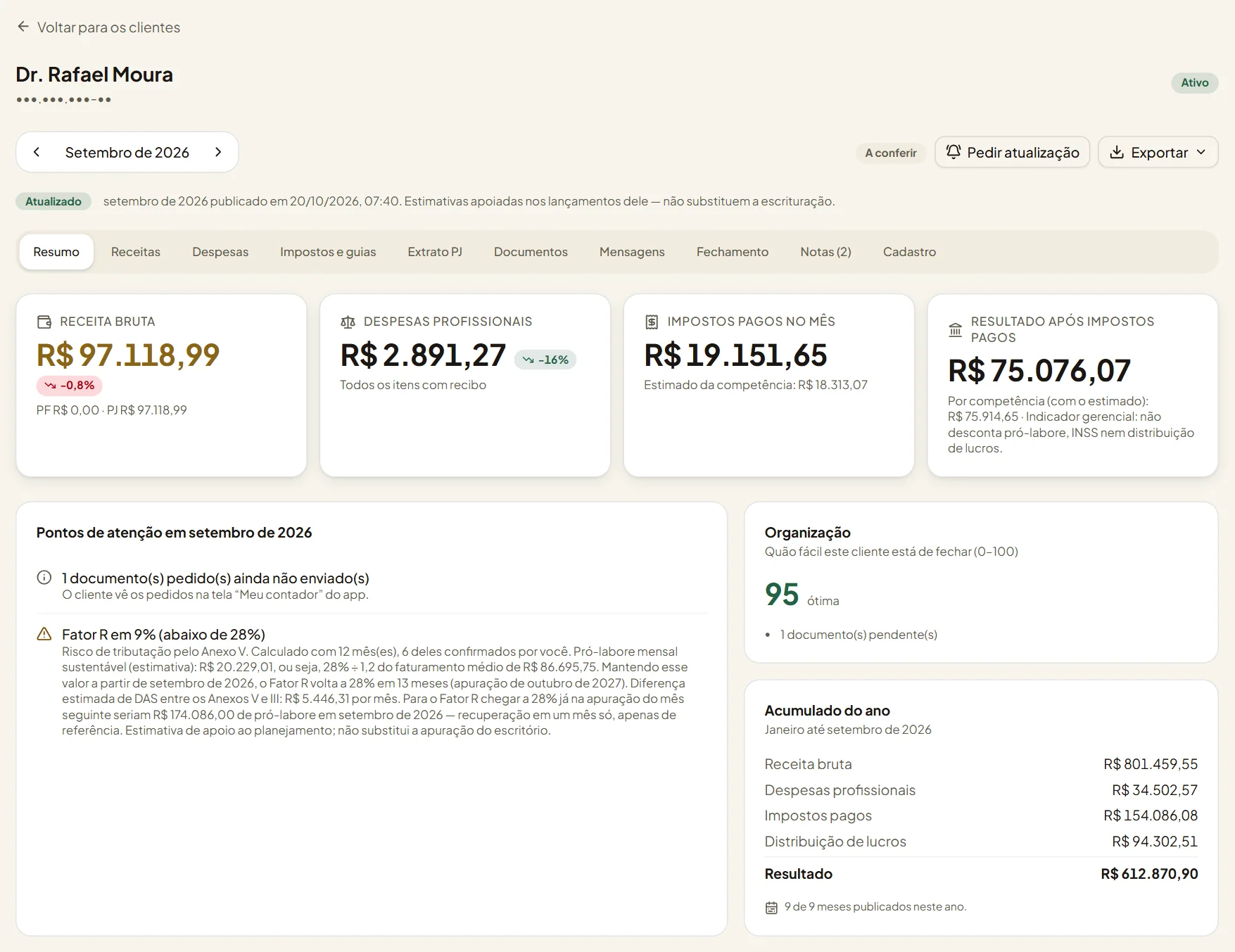 Hub do Contador, painel de um cliente com receita, despesas, impostos, pontos de atenção e organização