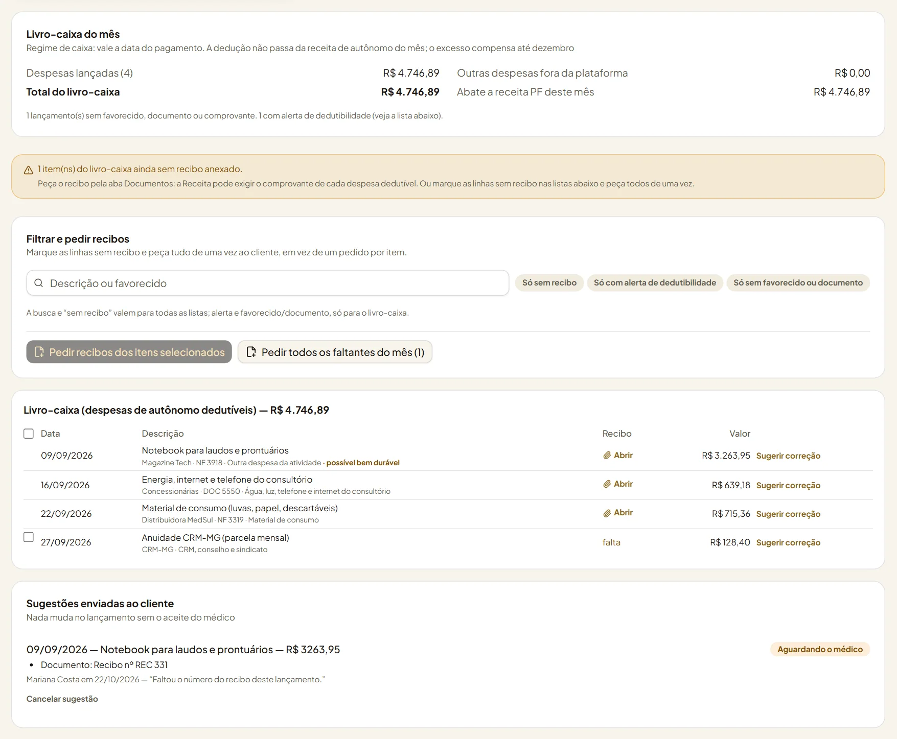 Hub do Contador, despesas do cliente com livro-caixa, alerta de dedutibilidade, pedido de recibos em lote e sugestão ao médico