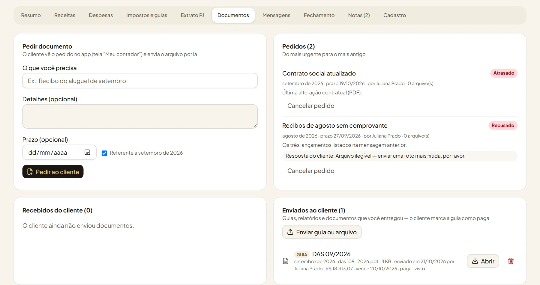 Hub do Contador, pedidos de documento, guias enviadas ao cliente e mensagens