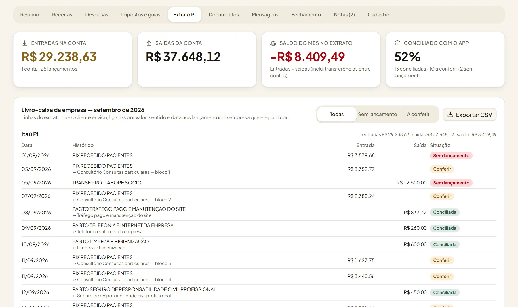 Hub do Contador, extrato bancário da conta PJ com entradas, saídas, saldo e conciliação com os lançamentos do app