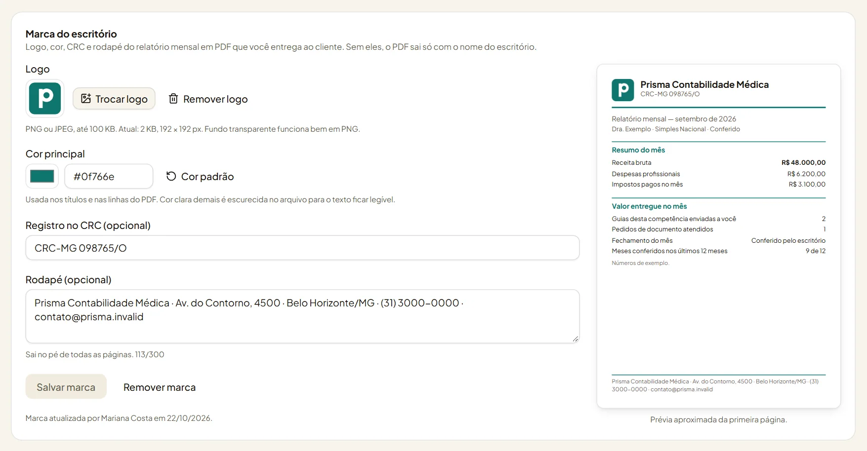 Hub do Contador, configuração da marca do escritório com logo, cor, CRC, rodapé e prévia do relatório mensal em PDF