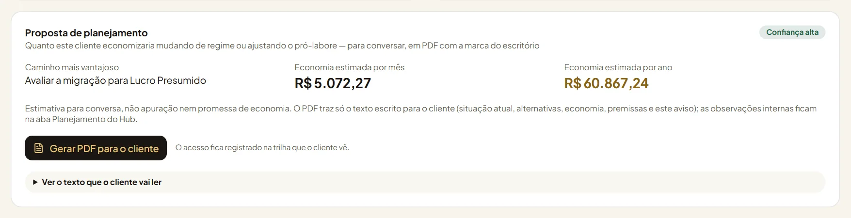 Proposta de planejamento no painel do cliente, com o caminho mais vantajoso, a economia estimada e o botão para gerar o PDF