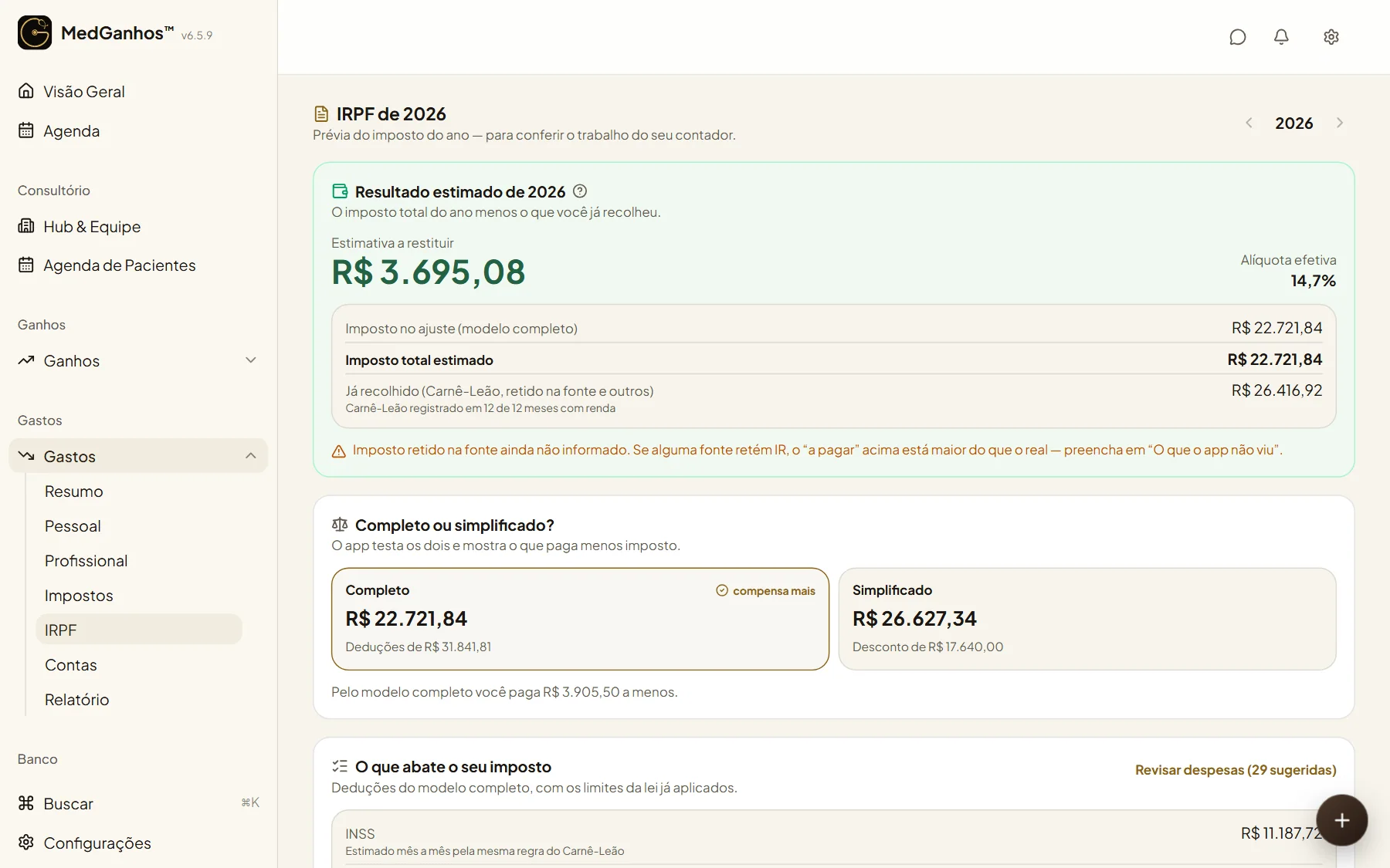 IRPF anual com resultado estimado e comparação entre o modelo completo e o simplificado