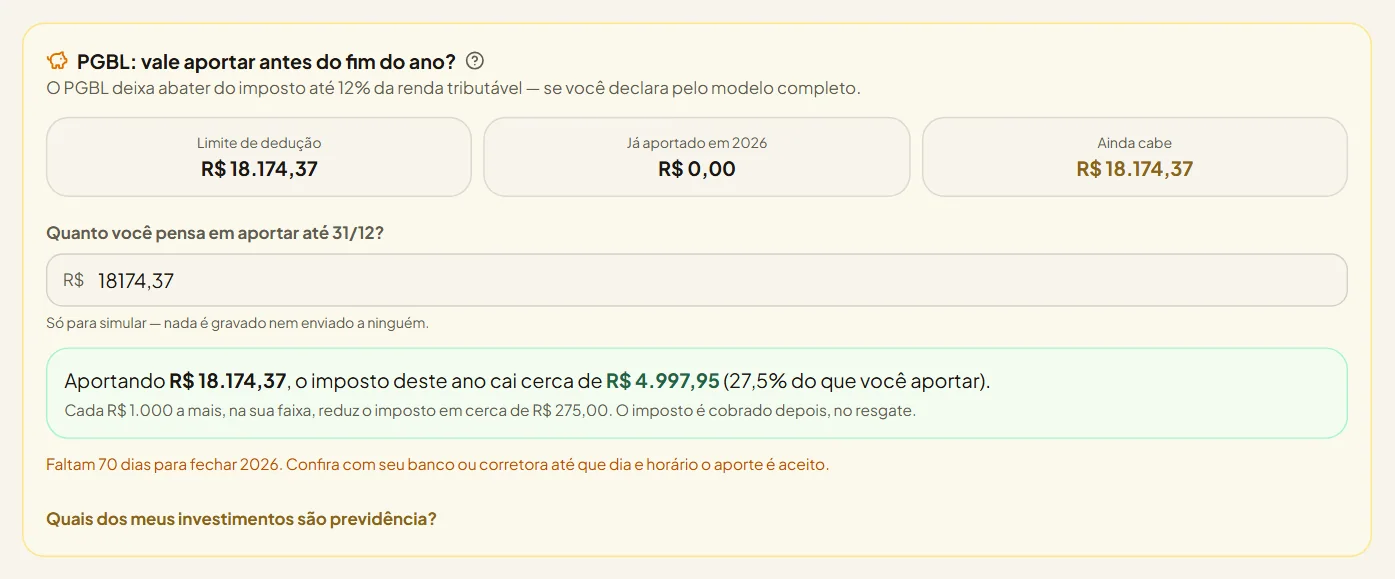 Otimizador de PGBL com o limite de dedução e a economia estimada de imposto